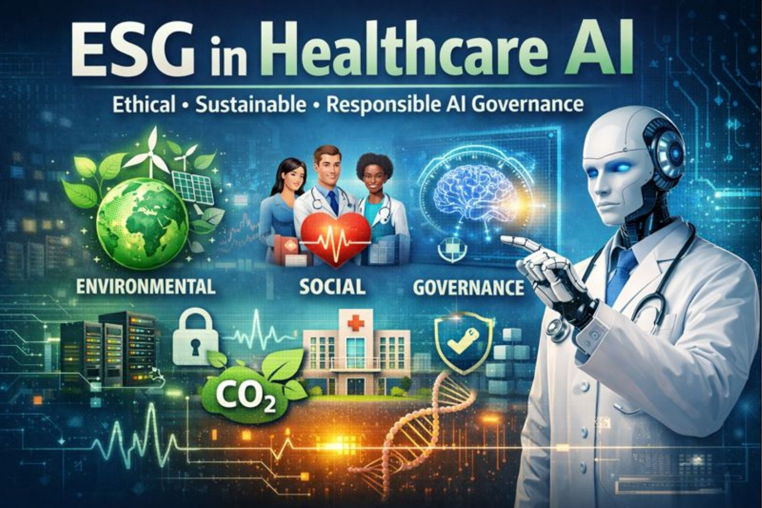 ESG in healthcare AI showing ethical, sustainable, and responsible artificial intelligence governance in modern medical systems