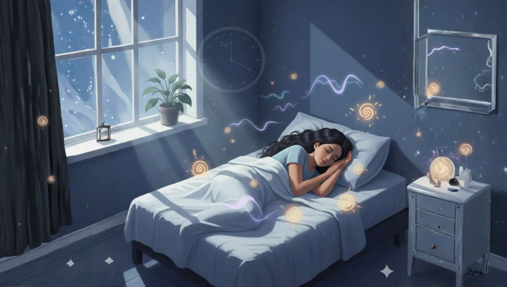 Person peacefully sleeping with moonlight, symbolizing melatonin and hormonal sleep rhythm.