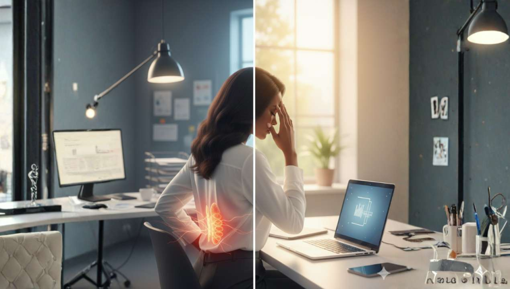 Professional experiencing stress with adrenal gland visualization representing cortisol release.