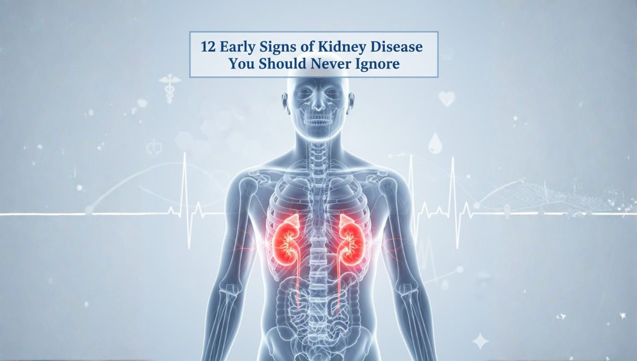 Digital medical illustration showing human kidneys highlighted in red to represent early signs of kidney disease.