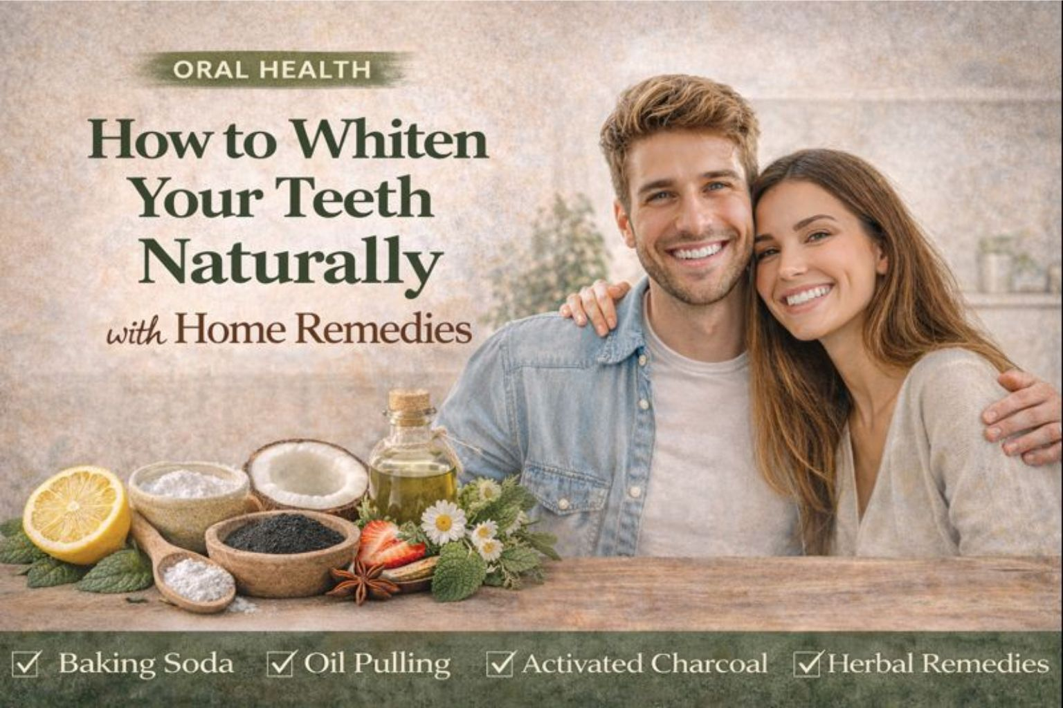 oral care - Smiling couple showing white teeth with natural whitening ingredients like lemon, coconut oil, and activated charcoal – promoting home remedies for teeth whitening.
