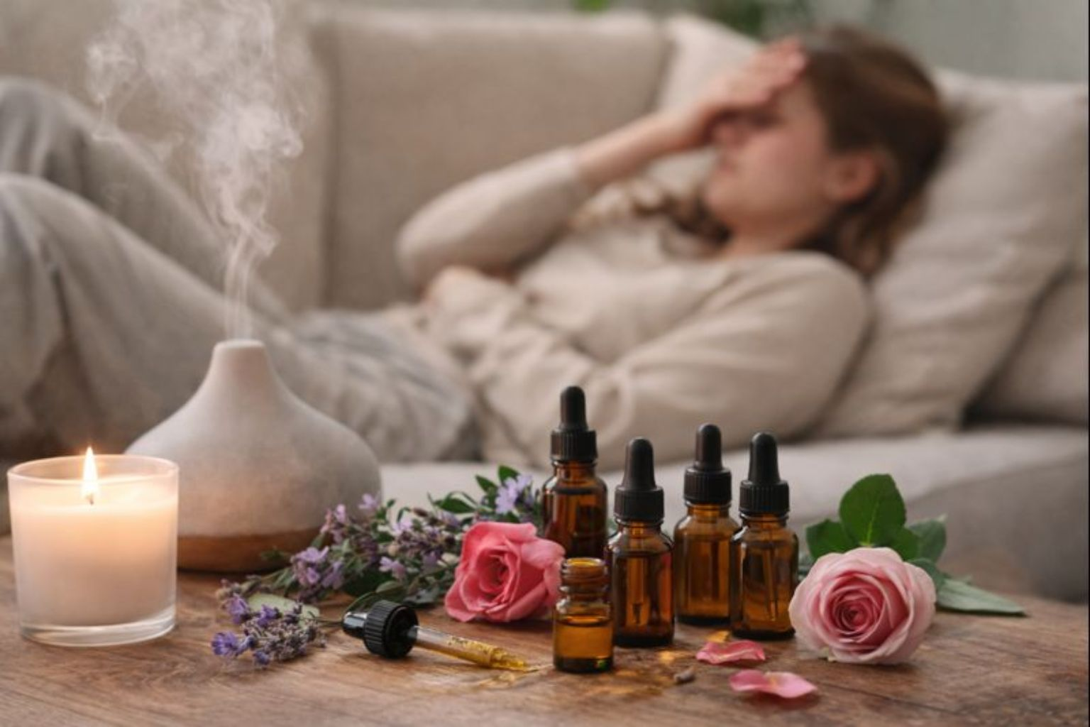 essential oils for stress relief with diffuser, candles, lavender, and relaxation scene