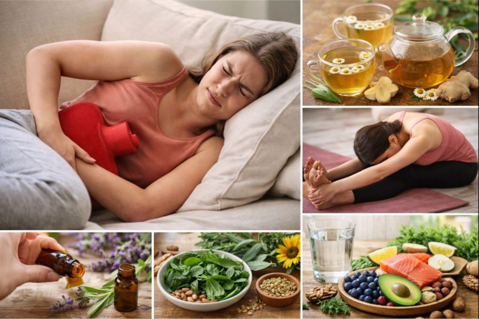 natural remedies for menstrual cramps including heat therapy, herbal tea, yoga, essential oils, and nutrient-rich foods